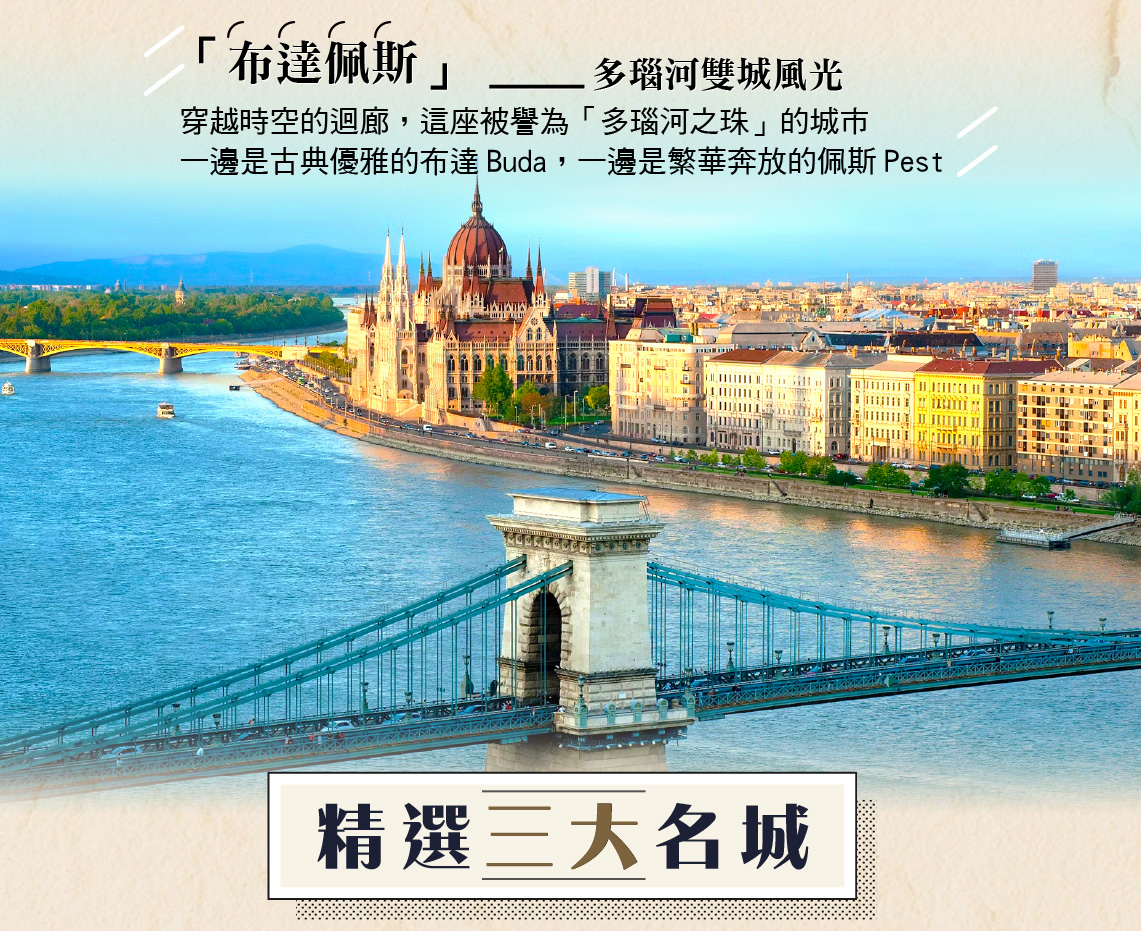 「布達佩斯」— 多瑙河雙城風光，穿越時空的迴廊。這座被譽為「多瑙河之珠」的城市一邊是古典優雅的布達Buda，一邊是繁華奔放的佩斯Pest
